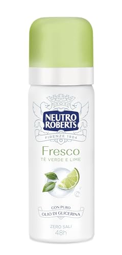 Neutro Roberts, Deodorante Spray Fresco Verde, Té Verde e Lime, Zero Sali di Alluminio, Zero Macchie, con Puro Olio di Glicerina, Deodorante Uomo e Donna, Dermatologicamente Testato, 50 ml, 48h