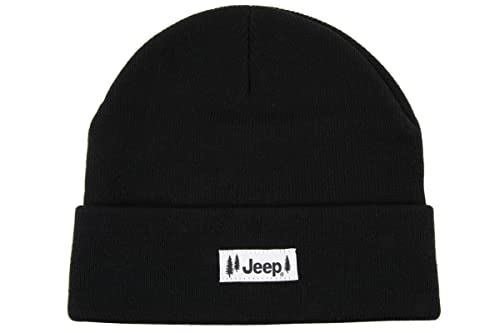 Jeep Pines Logo Embroidered Patch Flip Knit Beanie Hat - Black