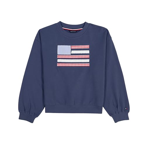 Tommy Hilfiger Girls' Long Sleeve Fleece Pull-Over Crew Neck Sweatshirt, Soft & Comfortable, Flag Blueberry, 8-10 - image 1