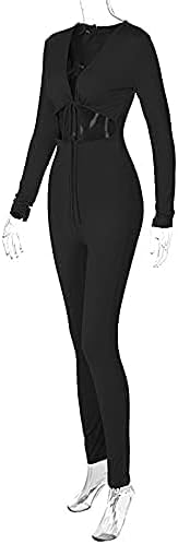 Azhong Women's Sexy Cut Out Bodycon Jumpsuit Lace Up Front V Neck One Piece Outfit Long Sleeve Rompers - Image 7