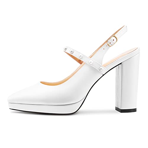 TNYNFBEB Womens Chunky Block High Heel Close Pointed Toe Pumps Ankle Strap Buckle Pearls Party Cute 3.9 Inches Heels2