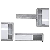 TUCO - Mueble TV salón comedor moderno modular con librería, color cemento y lacado blanco brillante. Medidas: ~266.5 cm (Ancho) x 41,5 cm (Largo) x ~186 cm (Alto)