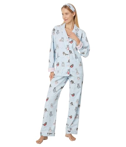 P.J. Salvage Women's Flannel Pajama Set with Headband, Blue Tint Coffee and Cats, Medium