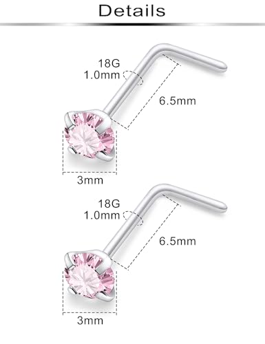 Ftovosyo Hypoallergenic Nose Rings Studs 18G & 20G Surgical Steel Nose Studs L Shaped Nostril Piercing Jewelry with Pink Cubic Zirconia for Women & Men2