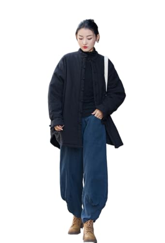 HEARTTOUCH Women's Quilted Lightweight Long Jacket Tang Suit Jackets with Pockets Chinese Style Outerwear Cotton Linen Coats