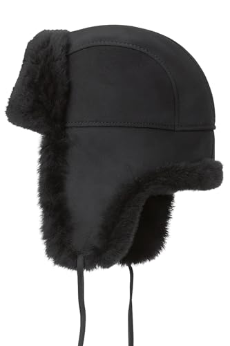 Image of Leather Aviator Shearling Ushanka Trapper Hat Russian Sheepskin Cap Real Fur Winter Hat with Ear Flaps for Men Women