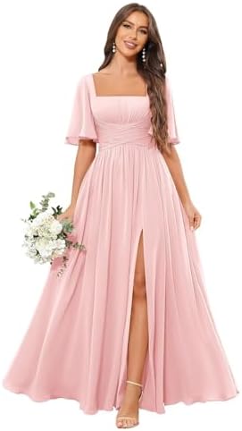 Square Neck Bridesmaid Dresses with Slit Chiffon Flutter Sleeve L...