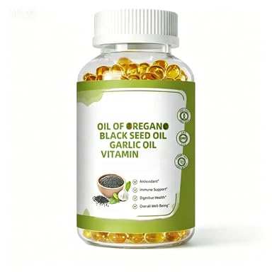 Oreganoöl mit Schwarzkümmelöl-Vitamin. Unterstützt das Immunsystem, die Atemwege, die Verdauung und Antioxidantien, gentechnikfrei, glutenfrei