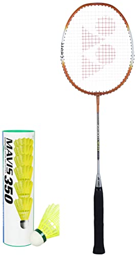Image of Yonex Mavis 350 Green Cap Nylon Shuttlecock (Yellow)&Yonex ZR 100 Light Aluminium Badminton Racquet with Full Cover | Made in India (Orange)