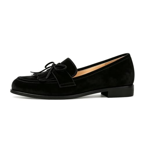 Image of LEMUTISME Women Tassel Bow Penny Loafers Slip On Low Flat Heel Dress Shoes