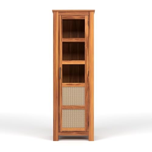 Image of Solid Sheesham Wood Bookshelf with Acrylic Glass Door | Rosewood Kitchen Cabinet with Storage Shelves for Dining Room & Office (B-Natural Finish)