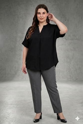 Image of SINDOORI Relaxed Fit Tops for Women Plus Size Solid Printed Mandarin Collar, Band Collar, V-Neck Top, Half Sleeve Loose Fit