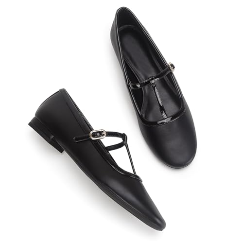 Womens Leather T-Strap Round Toe Flat Mary Janes Vintage Shallow Mouth Cut-Out Ankle Buckle Strap Low Chunky Mary Jane Pumps for Party Prom Daily Casual Work Office3