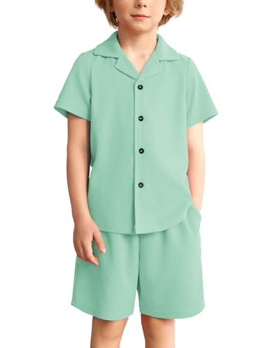 Image of Arshiner Toddler Boys 2 Piece Summer Outfits Waffle Knit Short Sleeve Button Down Shirt & Casual Shorts Sets Size 2-7