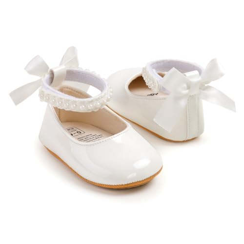HsdsBebe Baby Girls Mary Jane Flats - Infant Newborn Walking Sneakers Soft Rubber Sole Princess Wedding Shoes(M2087 White,11)