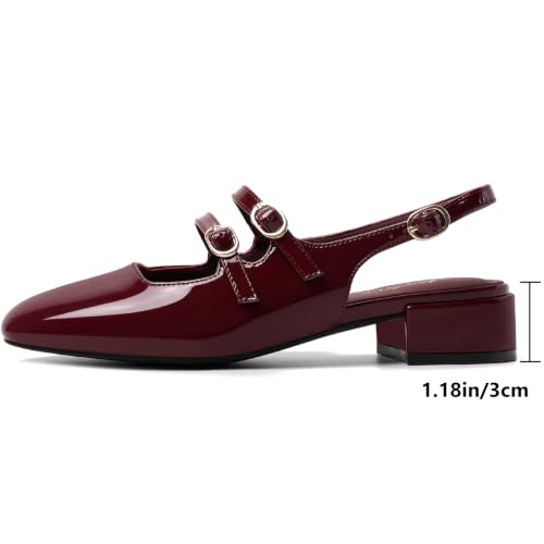 Image of Mostrin Mary Jane Shoes Women Slingback Chunky Low Heels for Women Closed Rounded Toe Ankle Strap Pumps Daily Wedding Party Dress Shoes