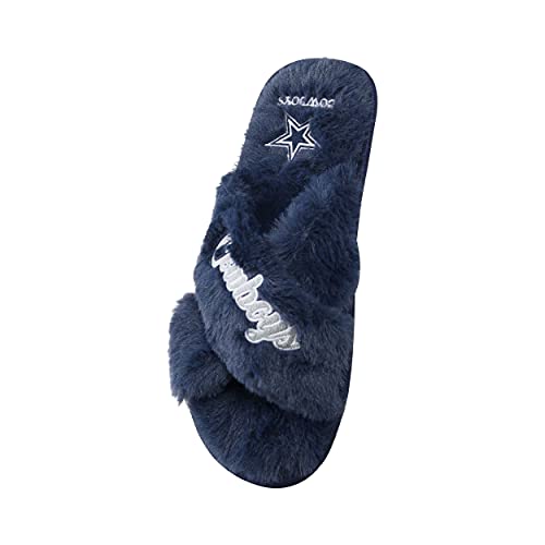 Image of FOCO Womens NFL Team Script Wordmark Fuzzy Cross Slide Slippers