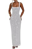 Hoepoly Women's Sparkly Silver White Sequin Bodycon Prom Dresses Spaghetti Straps Tube Long Club Slit Maxi Gowns Square Neck Semi Formal Party Dress