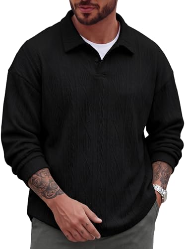 CAONAT Mens Knit Polo Shirts Long Sleeve Collared Textured Cable