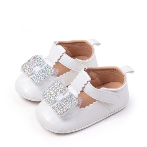 Baby Girls Mary Jane Flats Pu Leather Non Slip Rubber Sole Rhinestone Princess Wedding Dress Shoes Toddler First Walkers Infant Newborn Baptism Crib Shoes