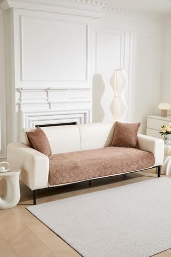 Image of HOMETHREADS Innovative Premium Velvet Sofa Cover Mat with PVC Backing for Non-Slip Comfort | (Brown Vrsh, 2 Seater Small | 70x120cm)