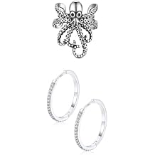 FaithHeart Sterling Silver Octopus Ear Cuff Earrings and 20mm Cubic Zirconia Huggie Hoop Earrings for Women