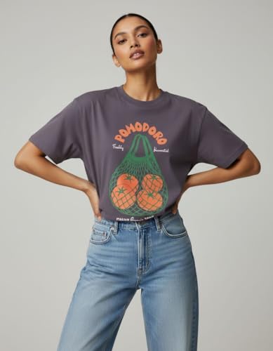 Image of Oversized Cotton T-Shirt for Women Half Sleeve Pomodoro Printed Tee - Breathable Loose Fit Asthetic Casual Wear for College and Daily Ou Outfits, Streetwear