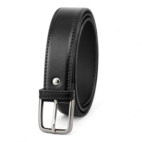 Image of Men's Leather Belt, Black, Silver-Tone Buckle, Stitched Edges, Formal Dress Style