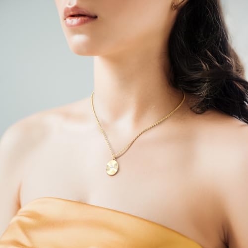 14K Gold Necklaces for Women Gold Pendant Necklace for Women with Cubic Zirconia Radiating Fan Texture Dainty Oval Necklace for Womens3