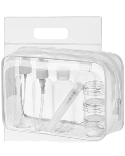 MOCOCITO Neceser Transparente con 8 Botellas de Viaje (MAX.100ml) y 1 Bolsa de Vuelo para Líquidos (20cm x 20cm,1L), Bolsa de Cosméticos Impermeable para Hombre y Mujer (blanco03)