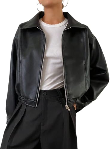 Women's 2024 Fashion PU Jacket Solid Color Loose Fit Long Sleeve Lapel PU Jacket