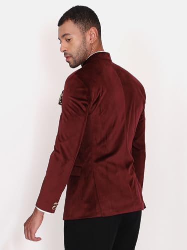 Image of MANQ Men Slim Fit Bandhgala Velvet Blazer - Mandarin Collar, Button Closure, Long Sleeves, Solid Ethnic Winter Wear with Three Pockets for Adults