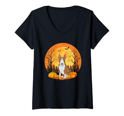 Womens Pumpkin With Funny Halloween Costume Bull Terrier Dog Lover V-Neck T-Shirt