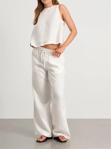 Women's Cotton Linen Vest Pants Set Wide Leg Long Pants Sleeveless Top Casual Suit3