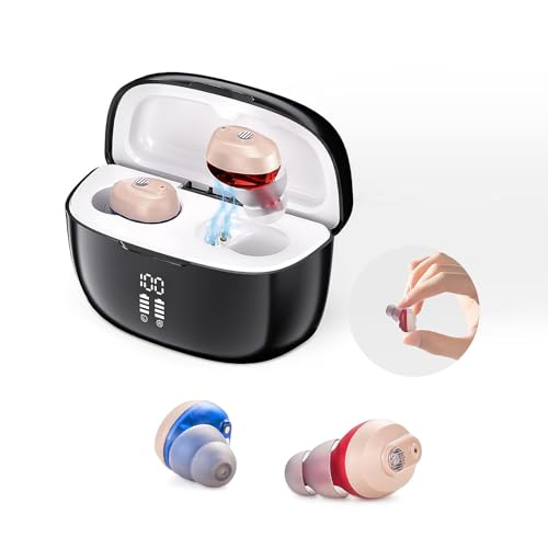 Rechargeable Sound Device for Seniors & Adults with Battery level display, In-Ear Invisible Design, Intelligent noise reduction, Mobile Charging Box (Black)