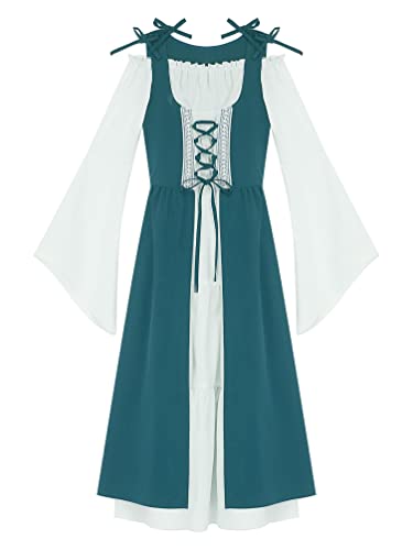 Girls Halloween Retro Gown Renaissance Faire Dress Long Flare Sleeve Lace Up Maxi Princess Dress3