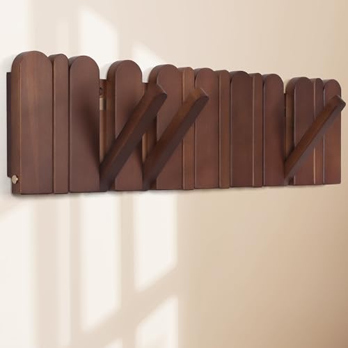 KINGSOW Patère murale : 8 crochets rabattables en bois marron pour suspendre chapeaux, vestes – Gain de place pour couloir, chambre à coucher