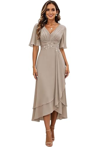 Image of Lace Applique Mother of Bride Dresses Chiffon Mother of the Groom Dresses Tea Length Formal Evening Dress with Sleeve