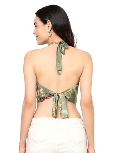 Image of KE KANHA EXPORTS Halter Neck Wrap Top|top for Women|Backless Tops for Women|Halter Neck Tops|Adjustable wrap Waist|Boho Beach Border Print|Easily fits S-M|Bust30-36Inch|LengthUpTo 18Inch