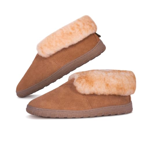 Image of Rj's Fuzzies Men's Sheepskin Booties with Sheepskin Lining | 100% sheepskin lining, suede leather, roll-up cuff, flexible sole, breathable warmth, lightweight indoor comfort
