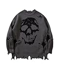 BEAUDRM Men's Skull Graphic Gothic Sweater Y2K Grunge Ripped Sweater Unisex Oversized Pullovers Long Sleeve Knit Streetwear Grey XX-Large