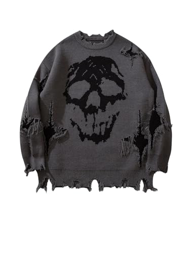 BEAUDRM Mens Skull Graphic Gothic Sweater Y2K Grunge Ripped Sweater Unisex Oversized Pullovers Long Sleeve Knit Streetwear Grey Large