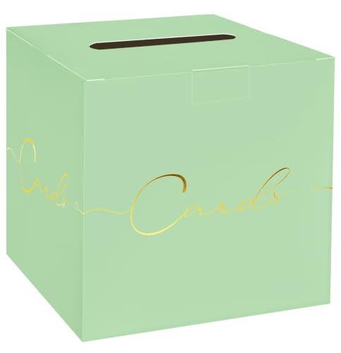 Image of HEIPINIUYE Sage Green Wedding Card Box with Gold Foil 9.8 inch x 9.8 inch Green Large Gift Card Box for Party Wedding Reception Graduation Birthday Baby Shower Cardboard Raffle Envelope Box with Slot