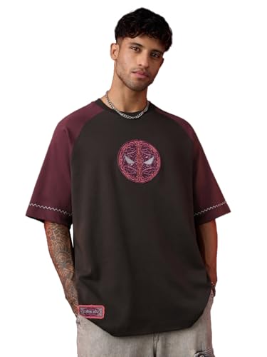 Image of The Souled Store Marvel Indie: Logo Men and Boys Short Sleeves Round Neck Embroidered Drop Shoulder Baggy Casual Streetwear Superheroes Inspired Cotton Super Oversized T-Shirt