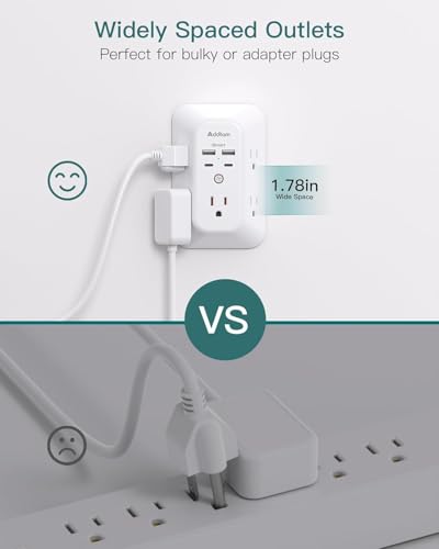 2 Pack USB Wall Charger Surge Protector, Multi Plug Outlet with 5 Outlet Extender and 4 USB Charging Ports (2 USB C Outlet) 3 Sided 1800J Power Bar for Home Travel Office image 8