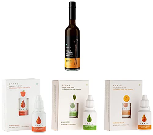 Image of S P R I G Sprig Gourmet Baking Combo | Extract of Natural Vanilla and Natural Food Colours | Vanilla Extract for Baking and Desserts | Food Colours for Baking & Decorating Cakes | Pack of 4
