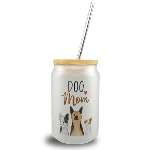 speecheese Dog Mom Trinkglas mit Bambusdeckel mit Spruch ein buntes Glas für dein Lieblingsgetränk Dog Mom Hundebesitzer Hundemotiv Hunde Dad Hundeliebhaber