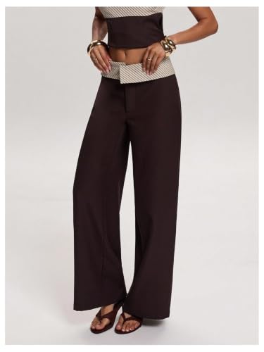 Image of MakeMeChic Women's Striped Fold Over Pants Wide Leg Straight Trousers