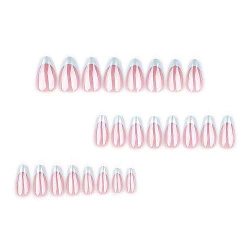 Image of Blue French Tip Press on Nails Chrome Fake Nails with Glossy Nude Reusable Full Cover Medium Almond Stick on Nail for Women Manicure 24Pcs