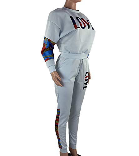 lexiart Women's Letter Print 2 Piece Outfits Camouflage Patchwork Long Sleeve Sweatshirt and Pants Set Sweatsuit Grey M